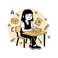 A smiling cartoon girl sitting at a school desk with new books and supplies, surrounded by learning icons, in a modern flat illustrations vector