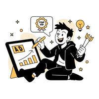 illustration of a man creating business ads on a giant tablet, symbolizing marketing success, creativity, and digital advertising strategy vector