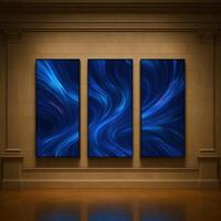Three large digital abstract blue paintings hang in a museum, showing flowing energy and immersive textures in a minimalist art space photo