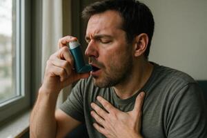 A man uses an inhaler to manage a respiratory condition, illustrating asthma relief and breathing difficulty in a home setting photo