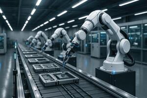 Advanced robotic arms operate on a factory conveyor line, showcasing high-tech automation and precision in modern manufacturing photo
