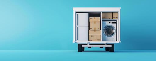 A white truck is filled with boxes and a washing machine photo