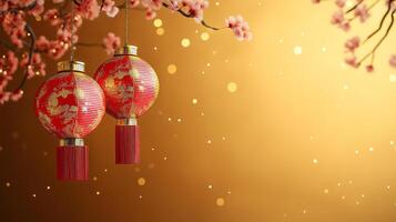 Chinese new year lanterns hanging from a branch photo