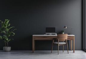 A desk with a computer and a chair in front of a wall photo