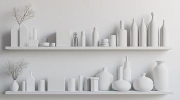 A beautiful shelf with many white bottles and vases on it photo