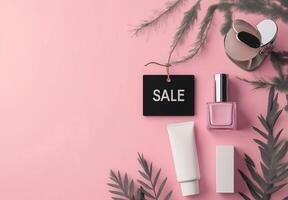 A pink background with a black sign that says Sale photo