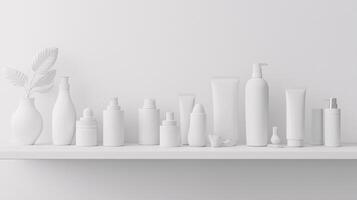 A shelf with many white bottles and vases on it photo