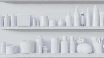 A shelf full of white bottles and containers, including a box photo