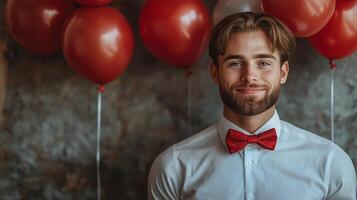 A man wearing a red bow tie stands in front of a bunch of red balloons photo