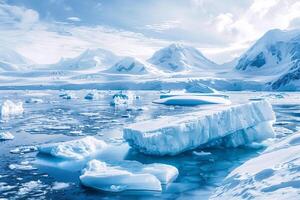 A large body of water is surrounded by ice and snow photo