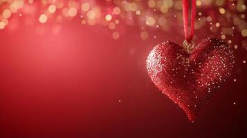 A red heart ornament hangs from a red background photo