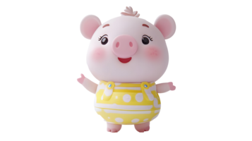 Animated, cheerful piglet figurine in yellow-dotted overalls. png
