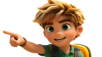 Animated boy with a bright expression points excitedly into the distance. png