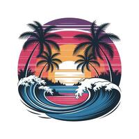 Vibrant Sunset Beach Scene with Palm Trees and Ocean Waves Perfect for Summer Vacation Designs vector