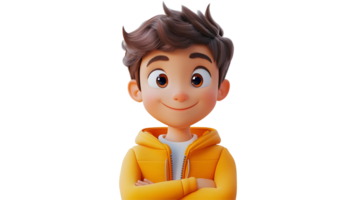Animated boy with a cheerful expression in a vibrant yellow jacket. png