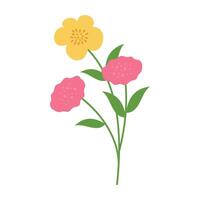 Simple and colorful flower illustrations with green stems and leaves. Spring and Summer Season. vector