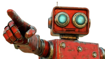 Rusty red robot figure directing with outstretched arm. png