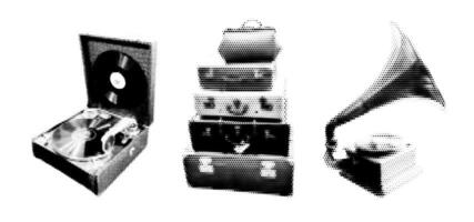 Realistic Halftone Effect Illustration of a Gramophone, Record Player, and Vintage Suitcases vector