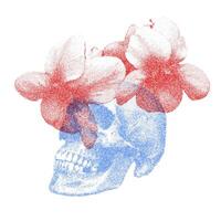 Risograph Print with Photocopy Effect Featuring a Skull and Flowers vector