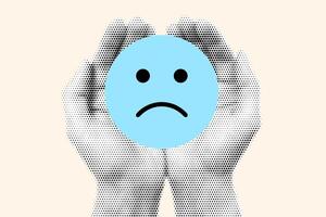 Abstract Illustration Representing Mental Health Struggles and Emotional Sadness Featuring a Blue Sad Face Held by Protective Hands vector