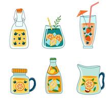 Set of fruity lemonades in jars and bottles vector