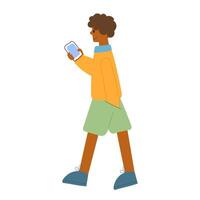 Young man or teenager chatting online or texting on smartphone or mobile phone. Guy with gadget. Internet communication, instant messaging. Flat cartoon colorful illustration. vector