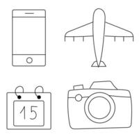 Travel doodle set with airplane, phone and camera. vector