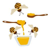 Set with honey and bee. Beekeeping illustration. Spoon of honey. vector