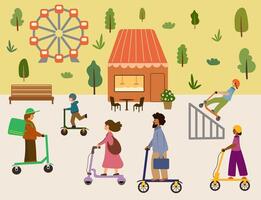 People enjoying activities in a park. Characters Riding Scooters and eating ice cream in coffee shop vector