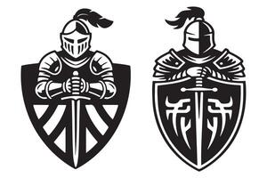 Two Powerful Knights in Vintage Style Armor with Swords and Shields vector