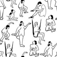 seamless pattern with people in gym in hand drawn sketch style vector