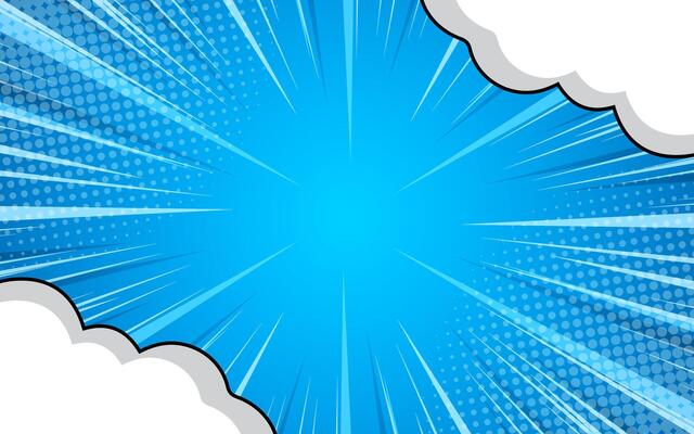 Pop art comic background with clouds and halftone dots.