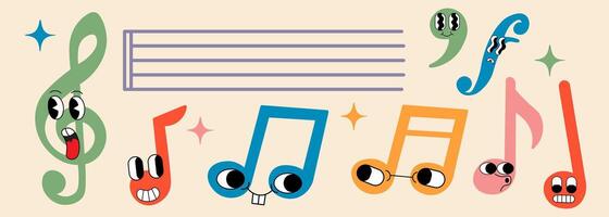 set of groovy characters as musical notations and staff vector