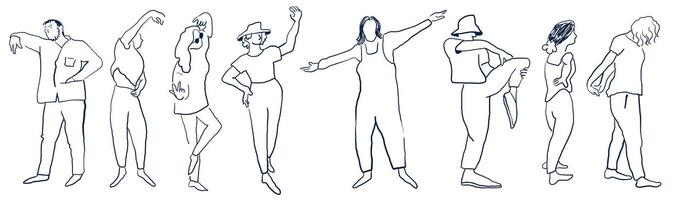 set of standing people in hand drawn sketch style vector