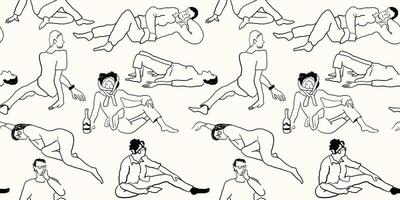 seamless pattern with people in different poses in hand drawn sketch style vector