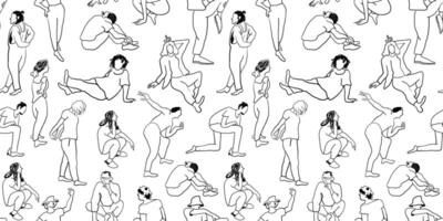seamless pattern with posing people in hand drawn sketch style vector