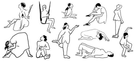 set of people in a gym in hand drawn sketch style vector