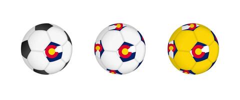 Collection football ball with the Colorado flag. Soccer equipment mockup with flag in three distinct configurations. vector