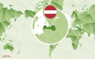 America centric world map with magnified Latvia map. vector
