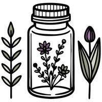 Handdrawn jar with flowers transparent isolated doodle style black outline elements vector