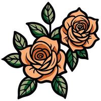 Two Peach Roses with Green Leaves Outline Isolated on a White Background vector