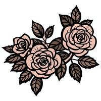 Illustrated Bouquet with Roses and Leaves in Brown and Peach on White vector