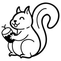 Outlined happy squirrel is holding onto an acorn in this black and white image vector