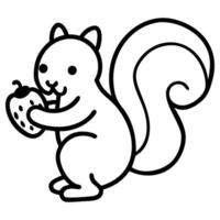 Outlined cartoon squirrel happily eats strawberry in minimalist style, on transparent background vector