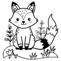 The cartoonish black and white fox is sitting on a rock amidst foliage vector