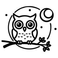Black outline drawing shows the owl resting on a tree branch under the moonlight vector