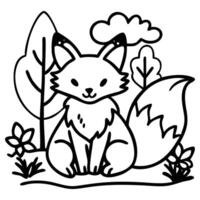 Outlined fox sits in its woodland habitat near trees and flowers vector