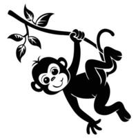 Black monkey smiles while joyfully swinging from a leafy branch on transparent background vector