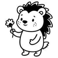 Outlined hedgehog cheerfully offers single flower in its paw, presented on transparent background vector