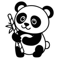 Monochrome panda bear holds bamboo stalk tightly, showcasing its adorable features against a transparent backdrop vector